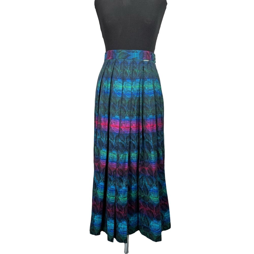 VTG 80s 90s Geiger Austria Women Multicolor Floral Leaf Pleated Midi Skirt sz 38